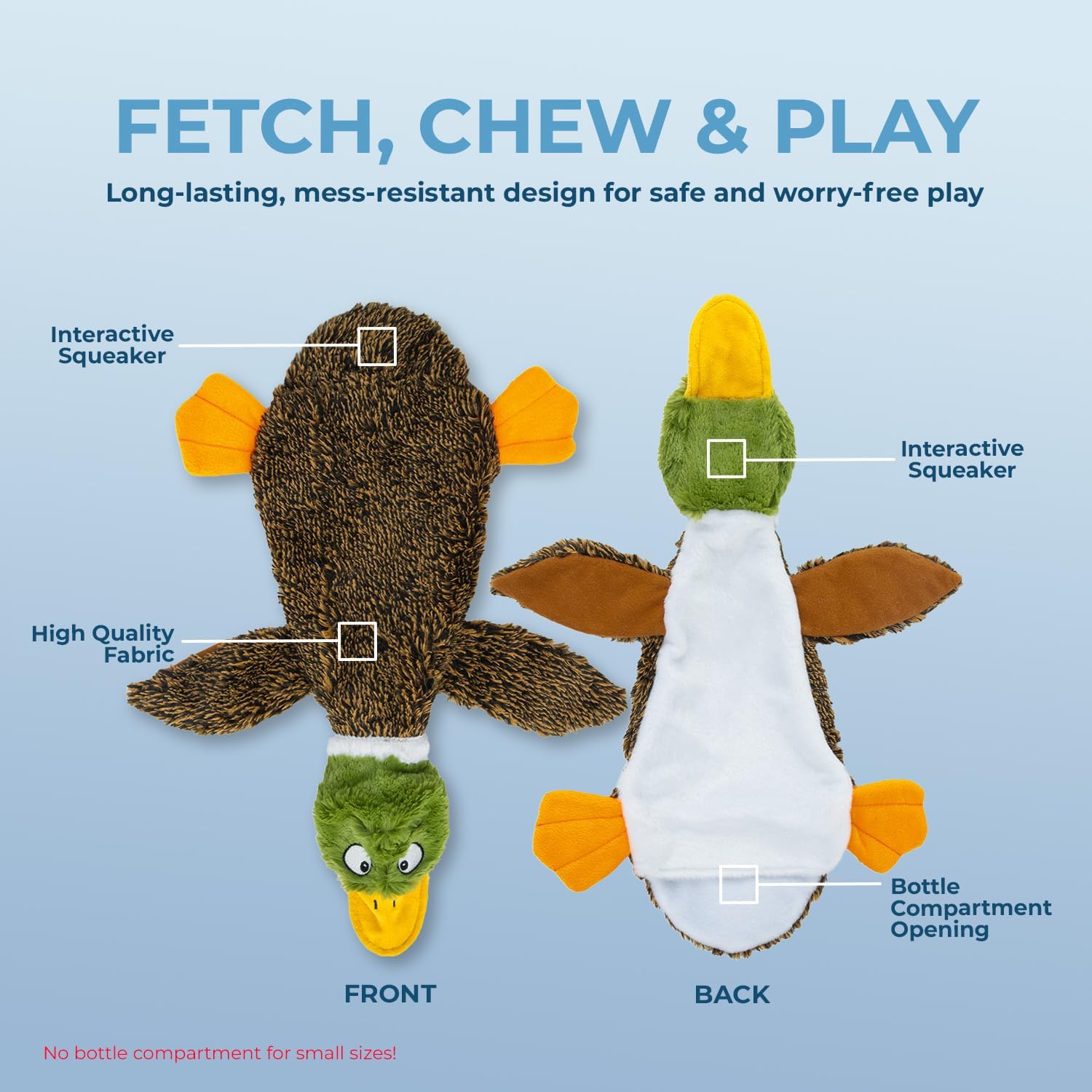 Best Pet Supplies wild duck dog toy showing the bottom water bottle pouch