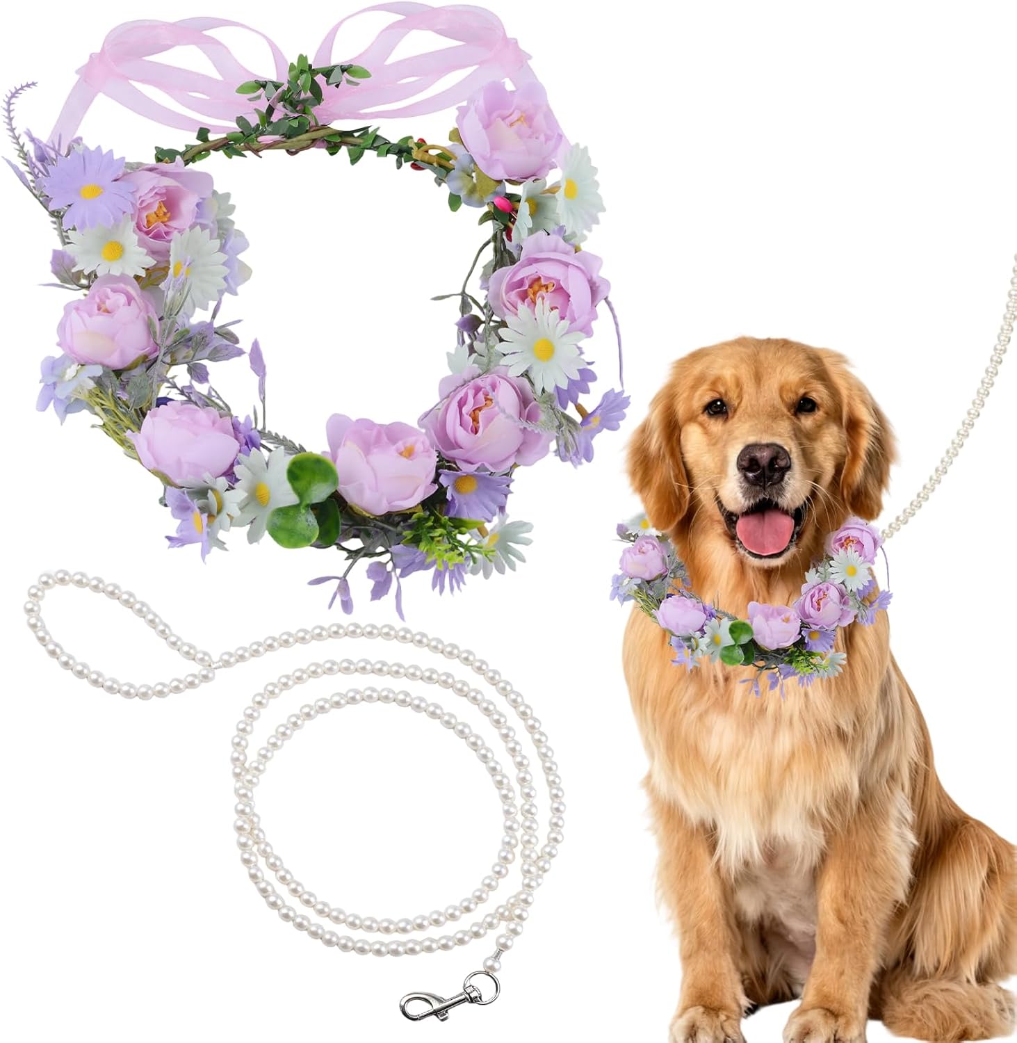Slcinwzdt dog wedding flower collar front view featuring white artificial roses and green leaves on a golden retriever.