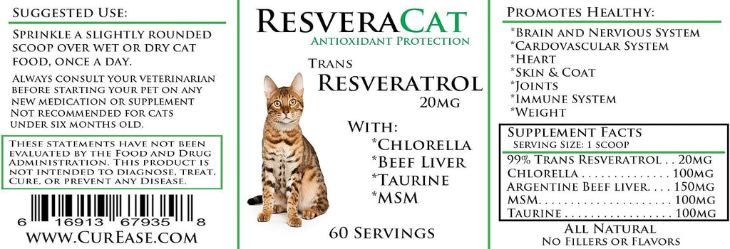 CurEase ResveraCat feline supplement jar with ingredient highlights