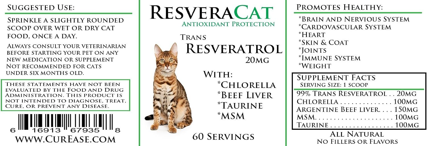 CurEase ResveraCat feline supplement jar with ingredient highlights