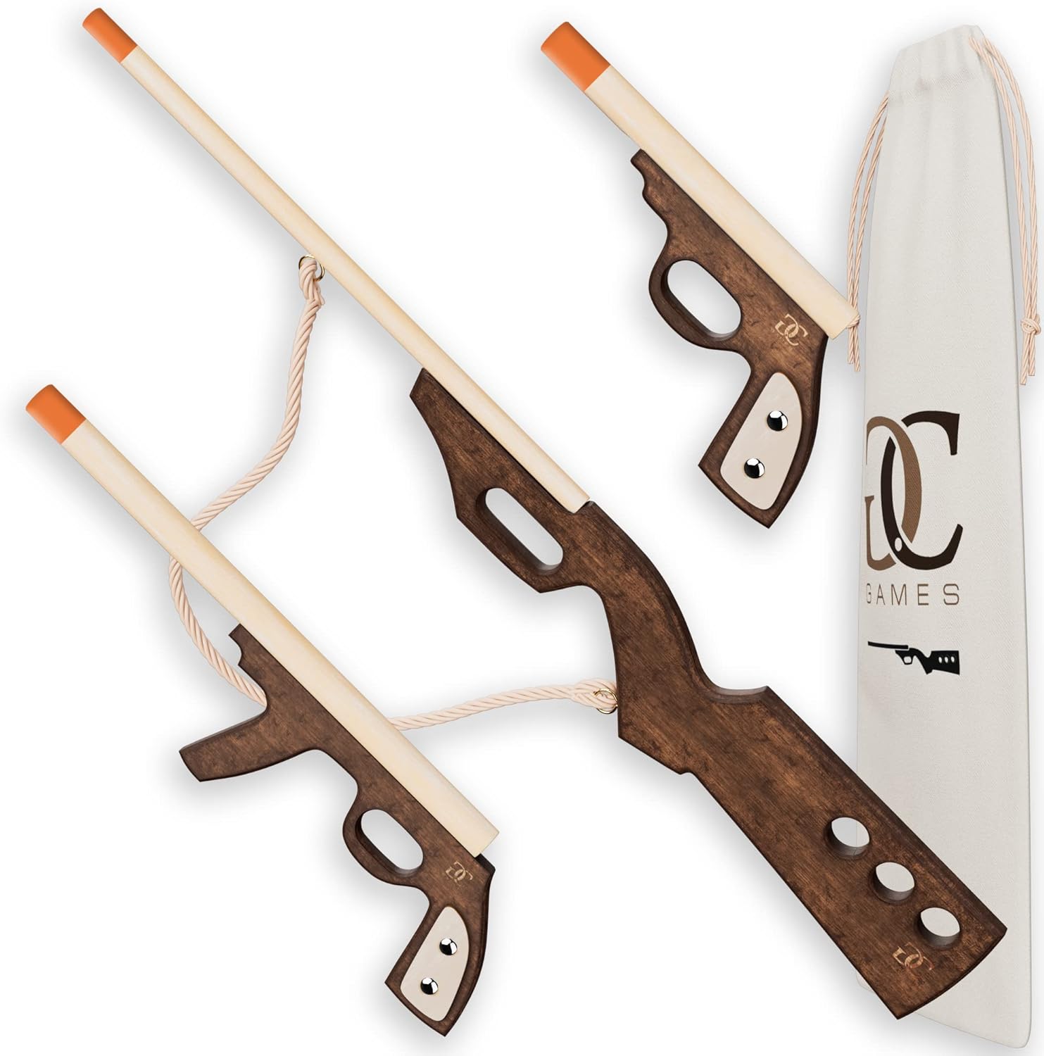 CG Home Games Wooden Guns for Kids three pack front view showing the handmade wooden rifle, shotgun, and pistol.