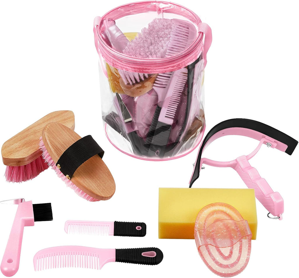 Cunhill 9 Pcs Horse Grooming Kit Tack Room Supplies Set with Tote Bag, Oval Massage Curry, Hard and Soft Brush, Hoof Pick, Sweat Scraper, Bathing Sponge, Comb for Horse Rider(Cute,Blue) - Image 9