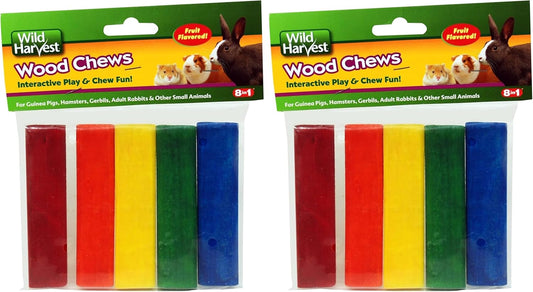 Five brightly colored Wild Harvest small animal wooden chew toys displayed together highlighting different shapes.