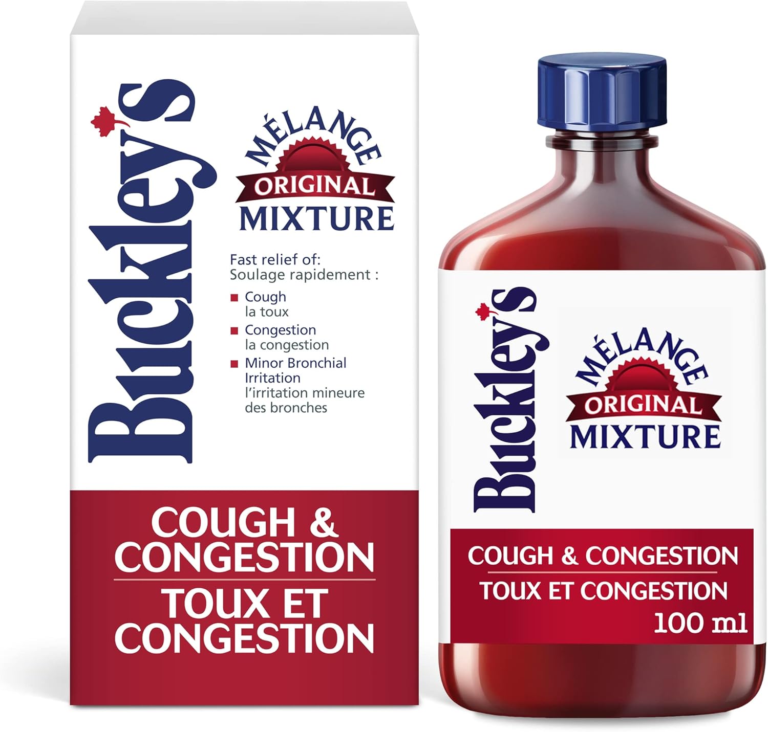Buckley's Original Mixture Cough and Congestion Syrup 100ml front bottle view.