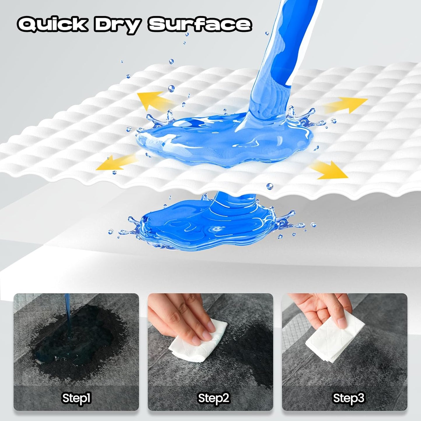 Multi layer pet potty training sheet showing liquid absorption capability
