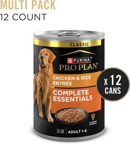 Thirteen ounce can of Purina Pro Plan chicken and rice entree dog food nutrition label