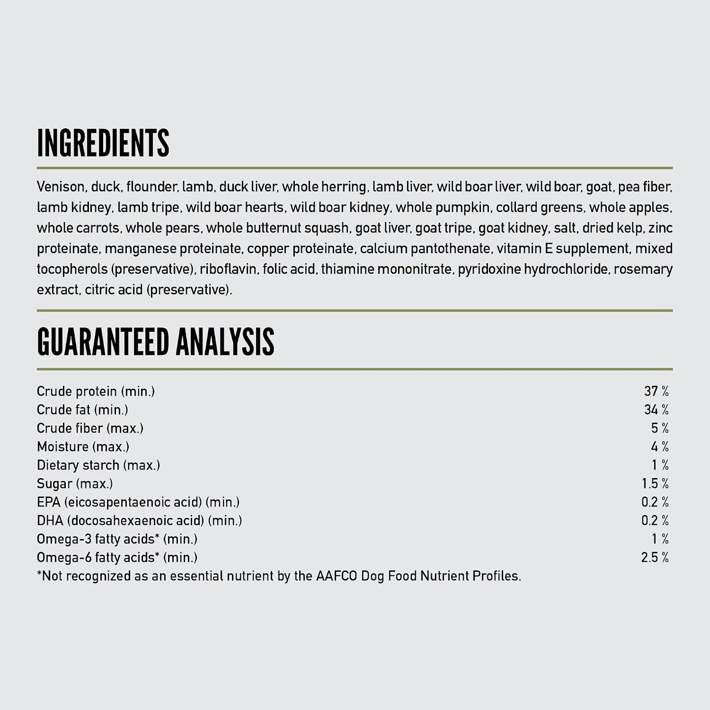 Orijen imported USA pet care product nutrition label