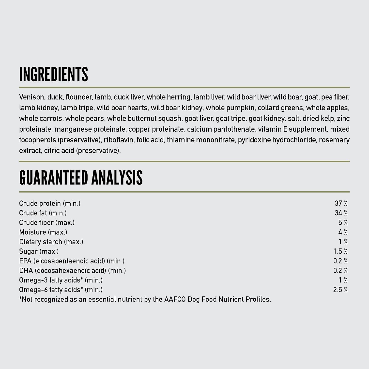Orijen imported USA pet care product nutrition label