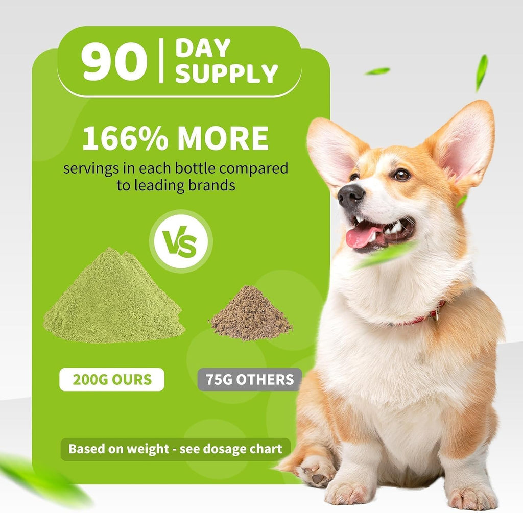 Dog dental care supplement facts label displaying premium ingredients list and clear weight details