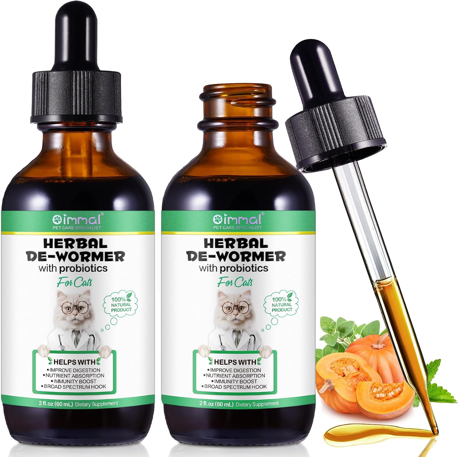 Oimmal liquid dietary pet supplement showing prebiotic and probiotic benefits for cats