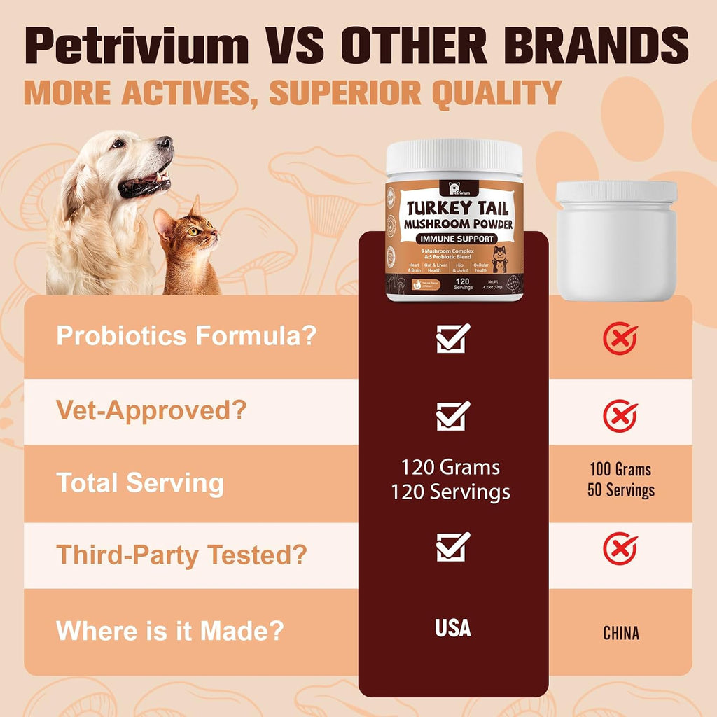 Dog eating meal mixed with Petrivium chicken flavored immune booster powder.
