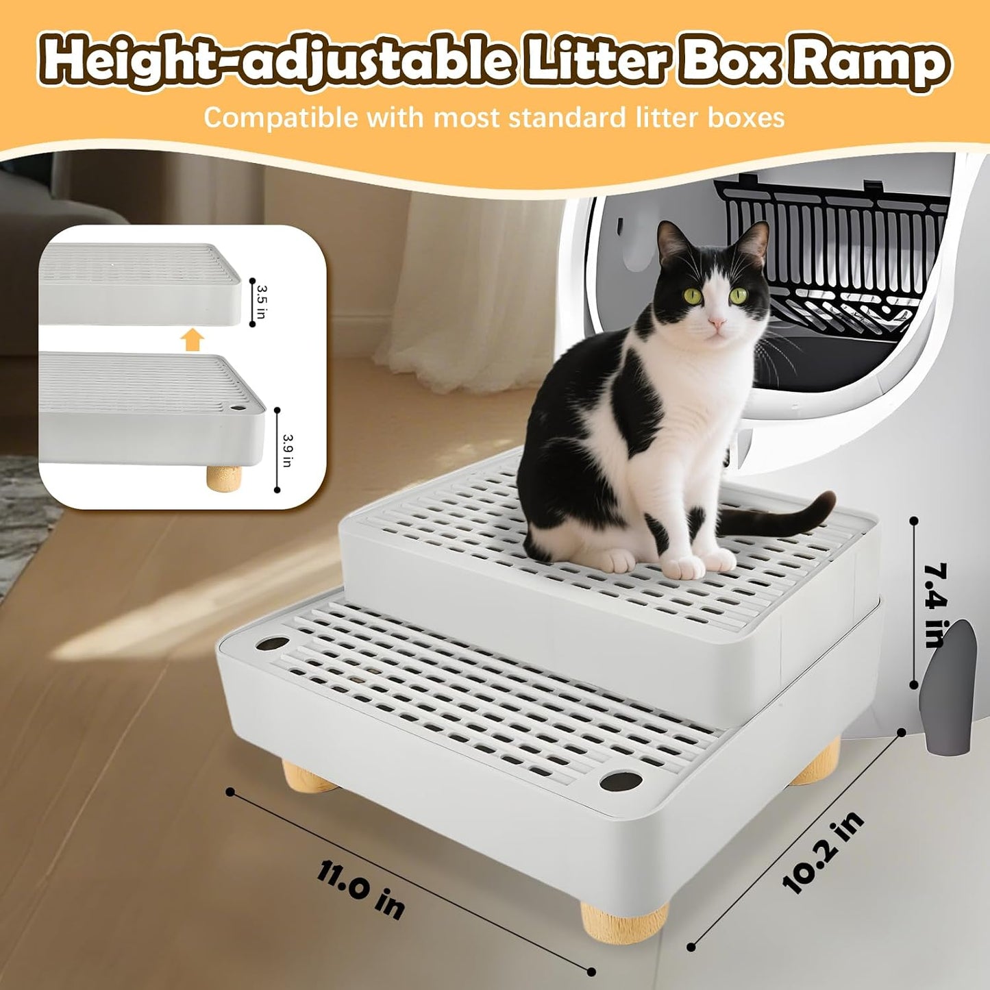 SpaceTime cat step ramp attached to an automatic litter box for easy senior cat access