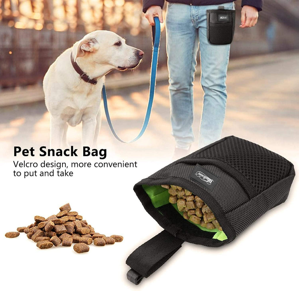 Compact five inch portable dog kibble bag in black and red color combination