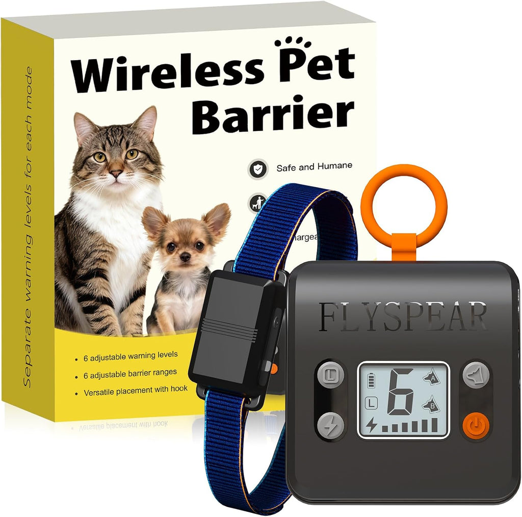 FLYSPEAR wireless cat barrier front view showing rechargeable pet transmitter kit.