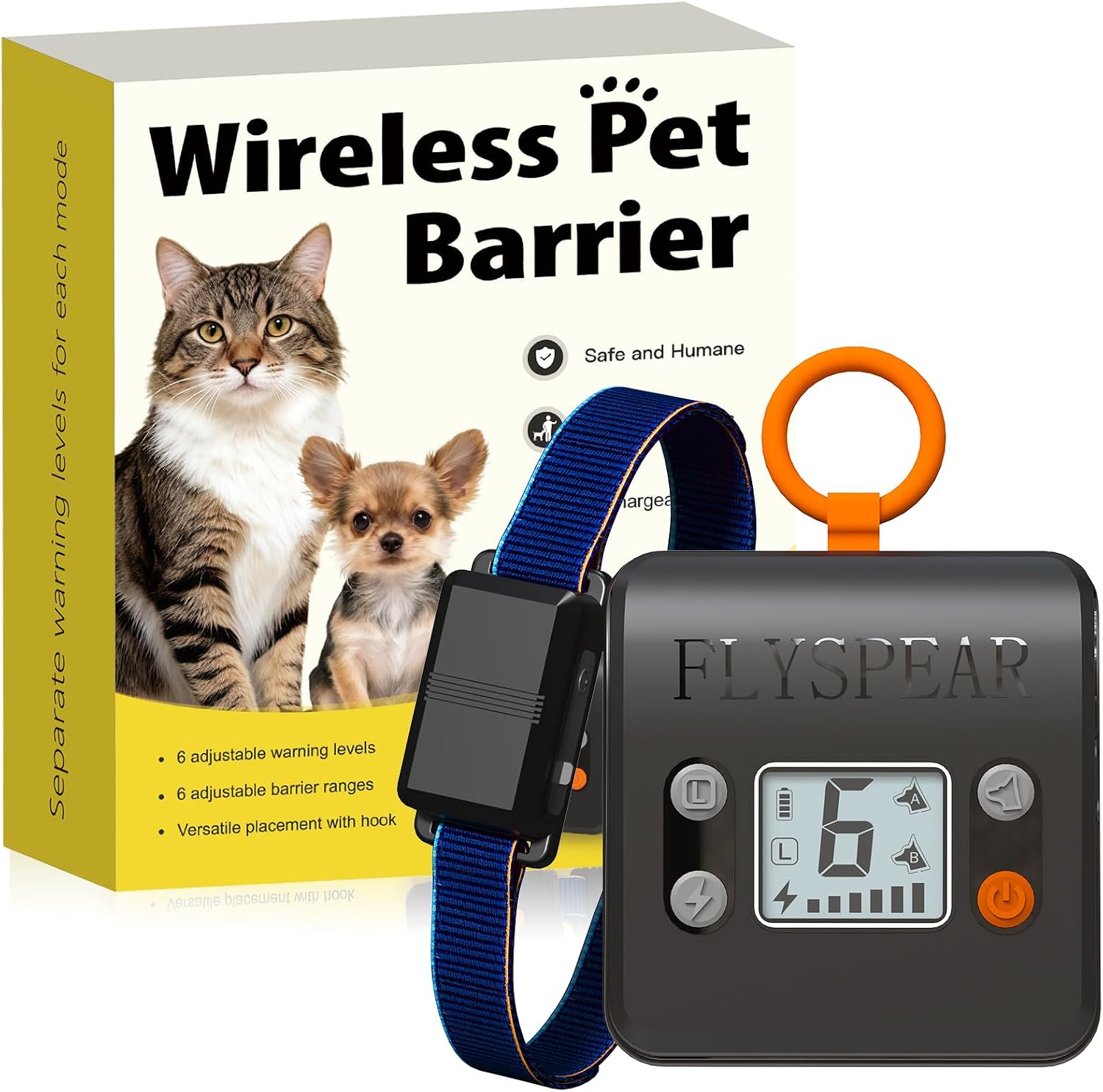 FLYSPEAR wireless cat barrier front view showing rechargeable pet transmitter kit.