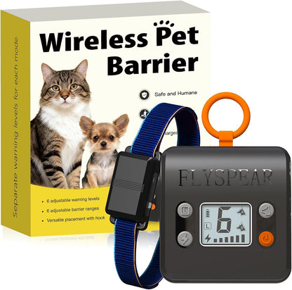 FLYSPEAR wireless cat barrier front view showing rechargeable pet transmitter kit.
