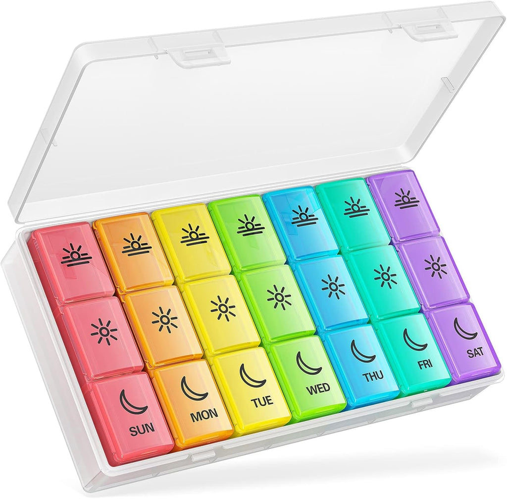 BUG HULL weekly pill organizer front view showcasing rainbow 3 times a day compartments