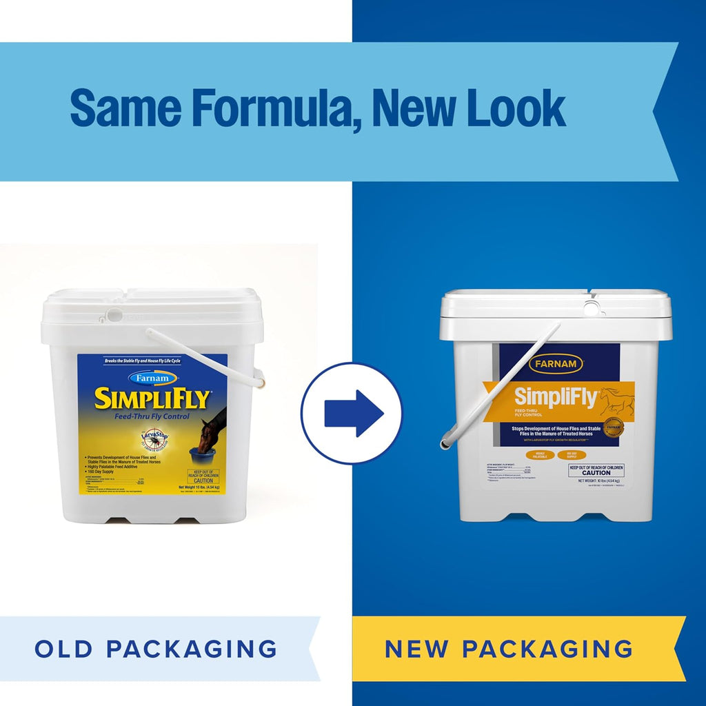 Farnam SimpliFly horse supplement bucket showing label and pellet texture details