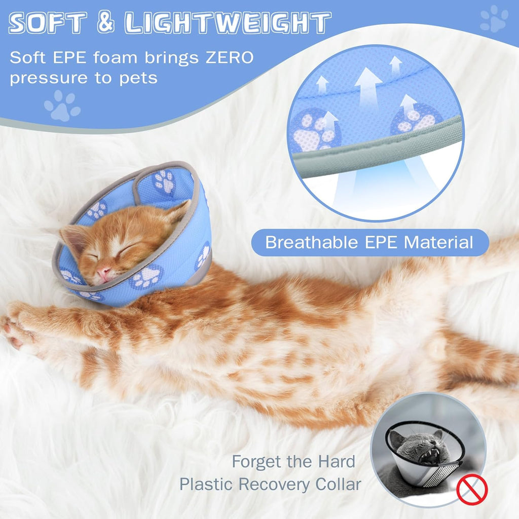 Cushioned fabric cat recovery cone folded back showing the vision-friendly edges.