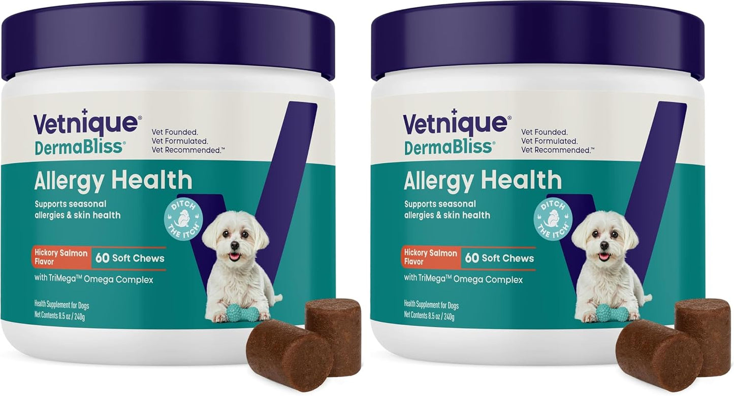 Vetnique DermaBliss Vet-Formulated Dog Allergy Chews for Seasonal Itch Relief, Skin, Coat & Gut Health, Omega 3 + Probiotic Anti-Itch Soft Chew Supplement for Dogs (60ct, Regular Strength Chews) - Image 11