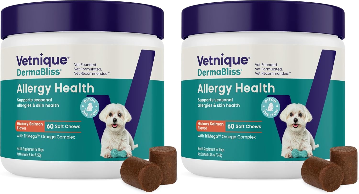 Vetnique DermaBliss Vet-Formulated Dog Allergy Chews for Seasonal Itch Relief, Skin, Coat & Gut Health, Omega 3 + Probiotic Anti-Itch Soft Chew Supplement for Dogs (60ct, Regular Strength Chews) - Image 11