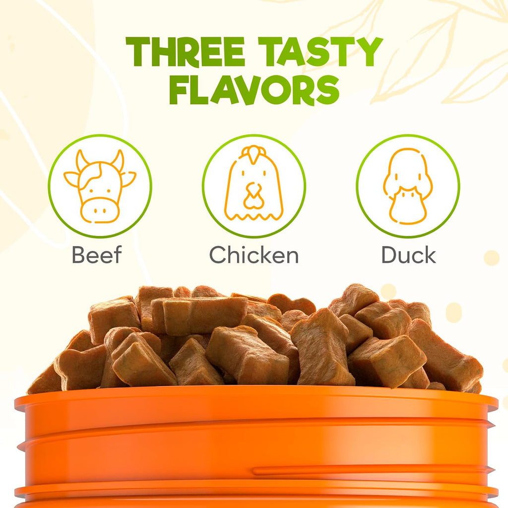 Soft chewable dog tablets for flea protection bottle packaging angle.