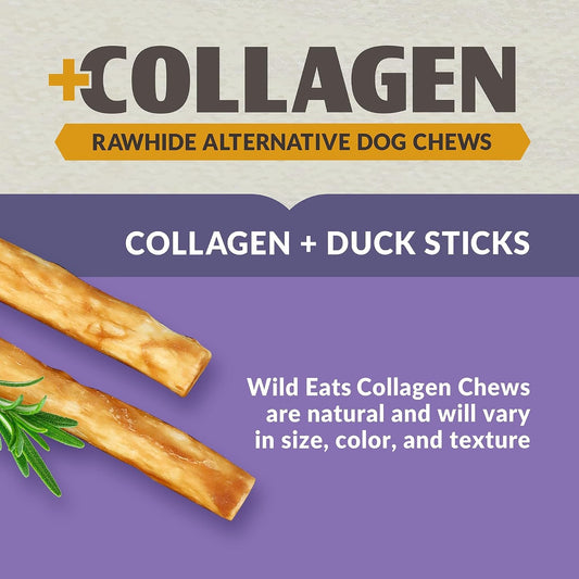 Wild Eats duck collagen sticks 5 inch dog treats isolated on a clean background showing rustic texture