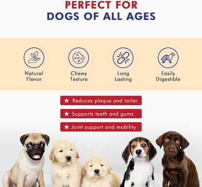 Authentic USA imported dog chews packaging details and nutritional facts display.