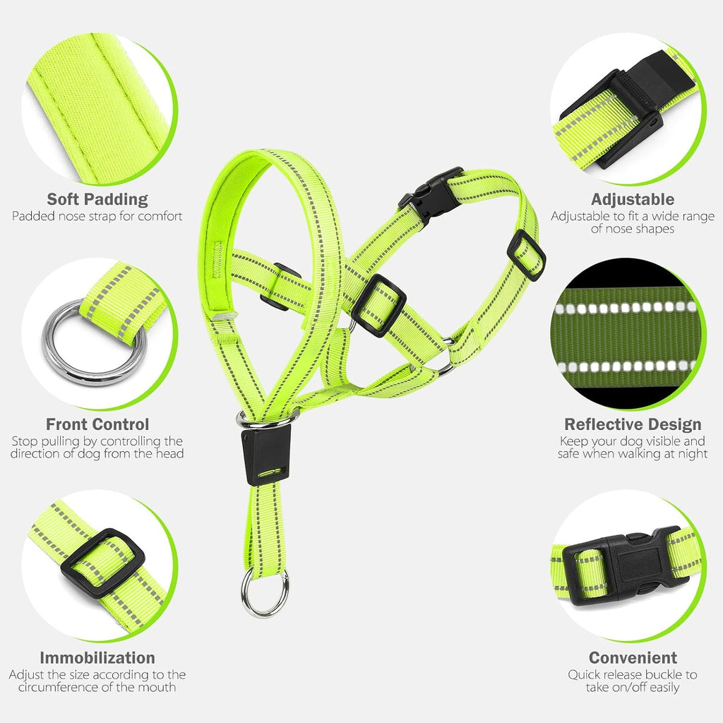Adjustable dog head harness with soft padded nose ring strap