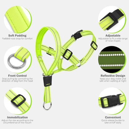 Adjustable dog head harness with soft padded nose ring strap