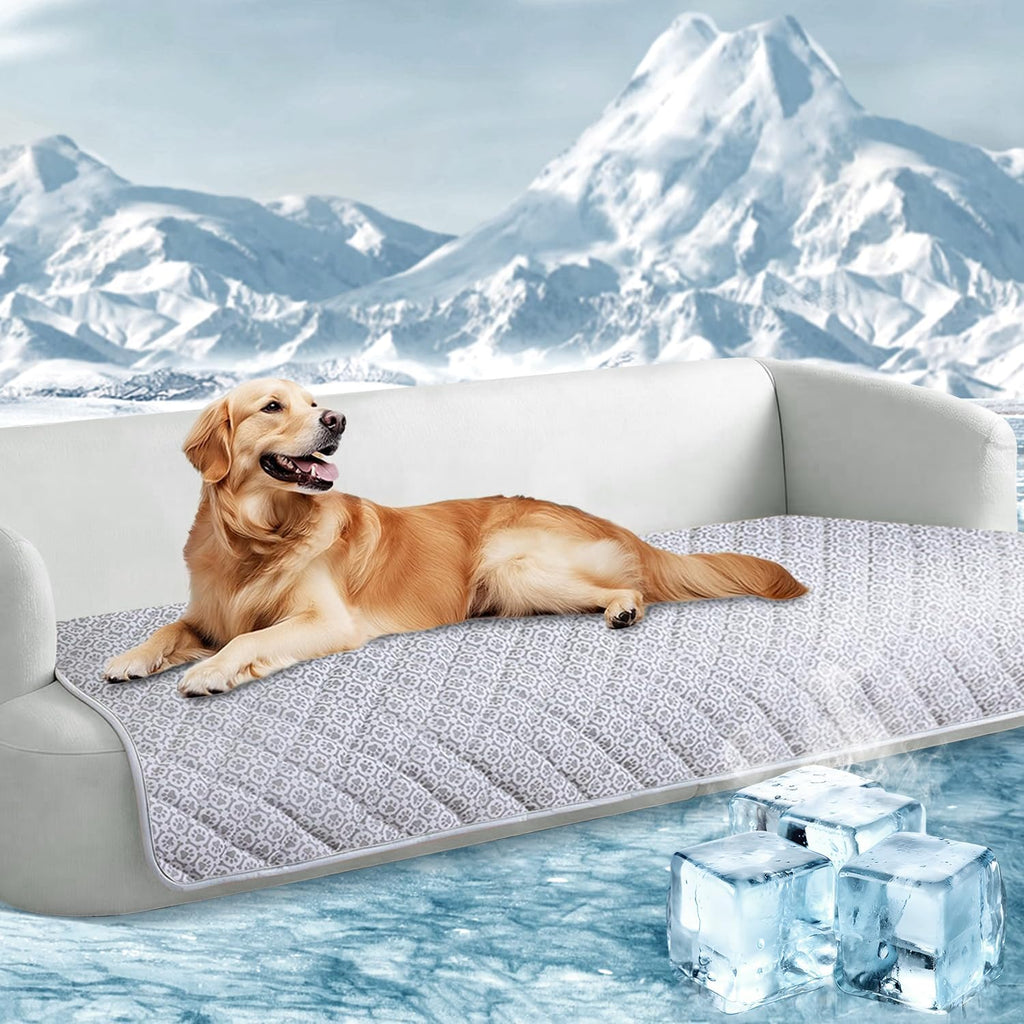 MH MYLUNE HOME cooling dog sofa cover front view featuring a comfortable pet resting on the self cooling pad