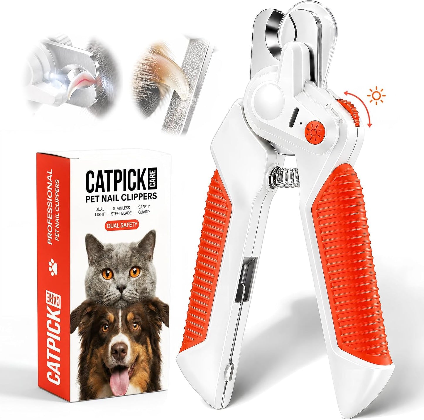 Catpick Care pet nail clippers with light front view showing sharp stainless steel blades