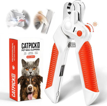 Catpick Care pet nail clippers with light front view showing sharp stainless steel blades