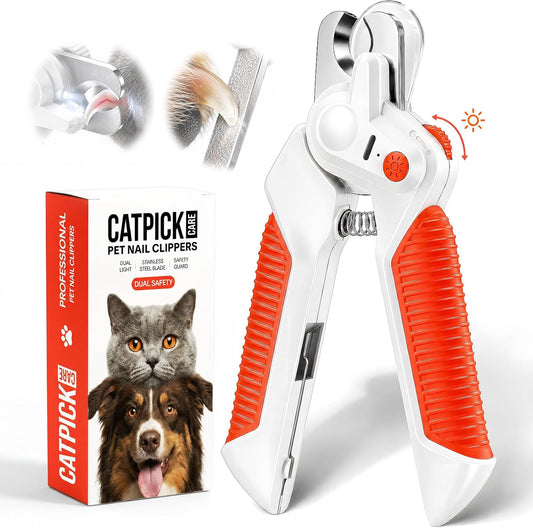 Catpick Care pet nail clippers with light front view showing sharp stainless steel blades