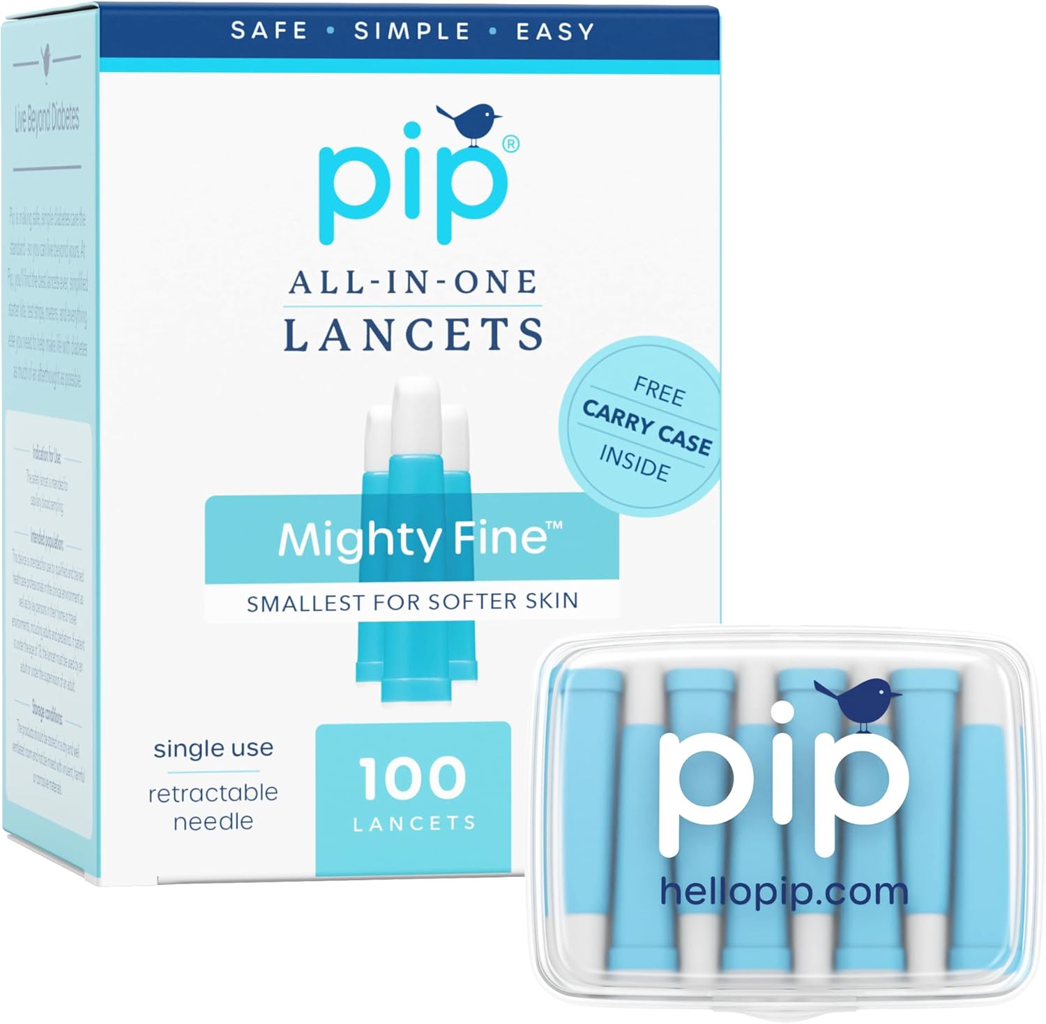 Pip safety lancets for diabetes testing front view showing blue packaging