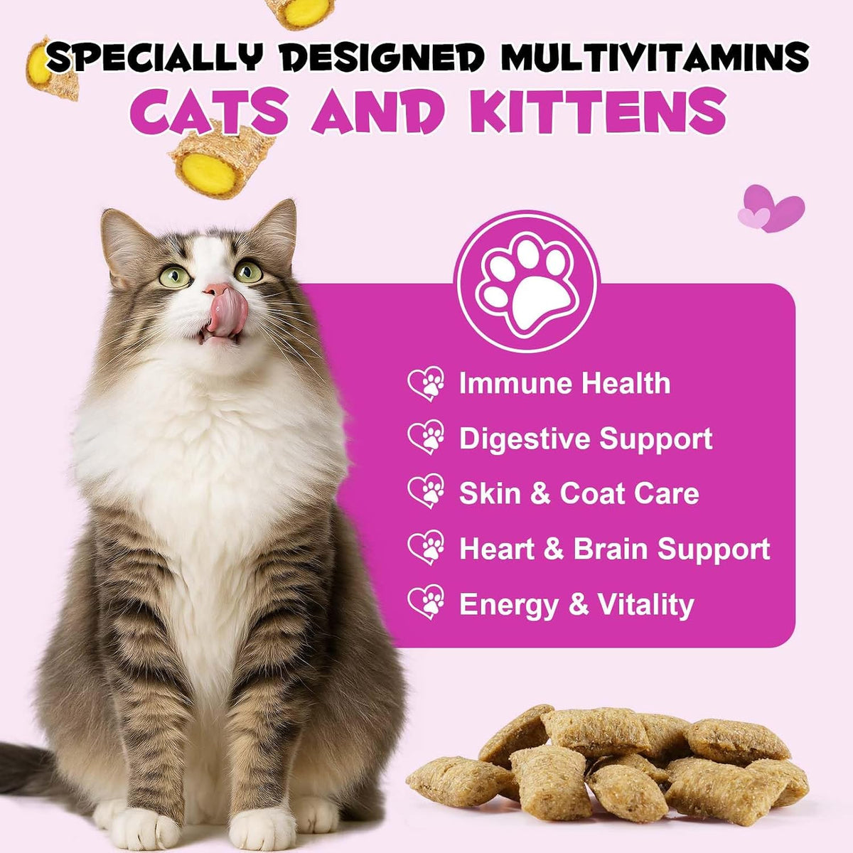 Nutritional cat supplement packaging showcasing skin, coat, and digestive wellness benefits.