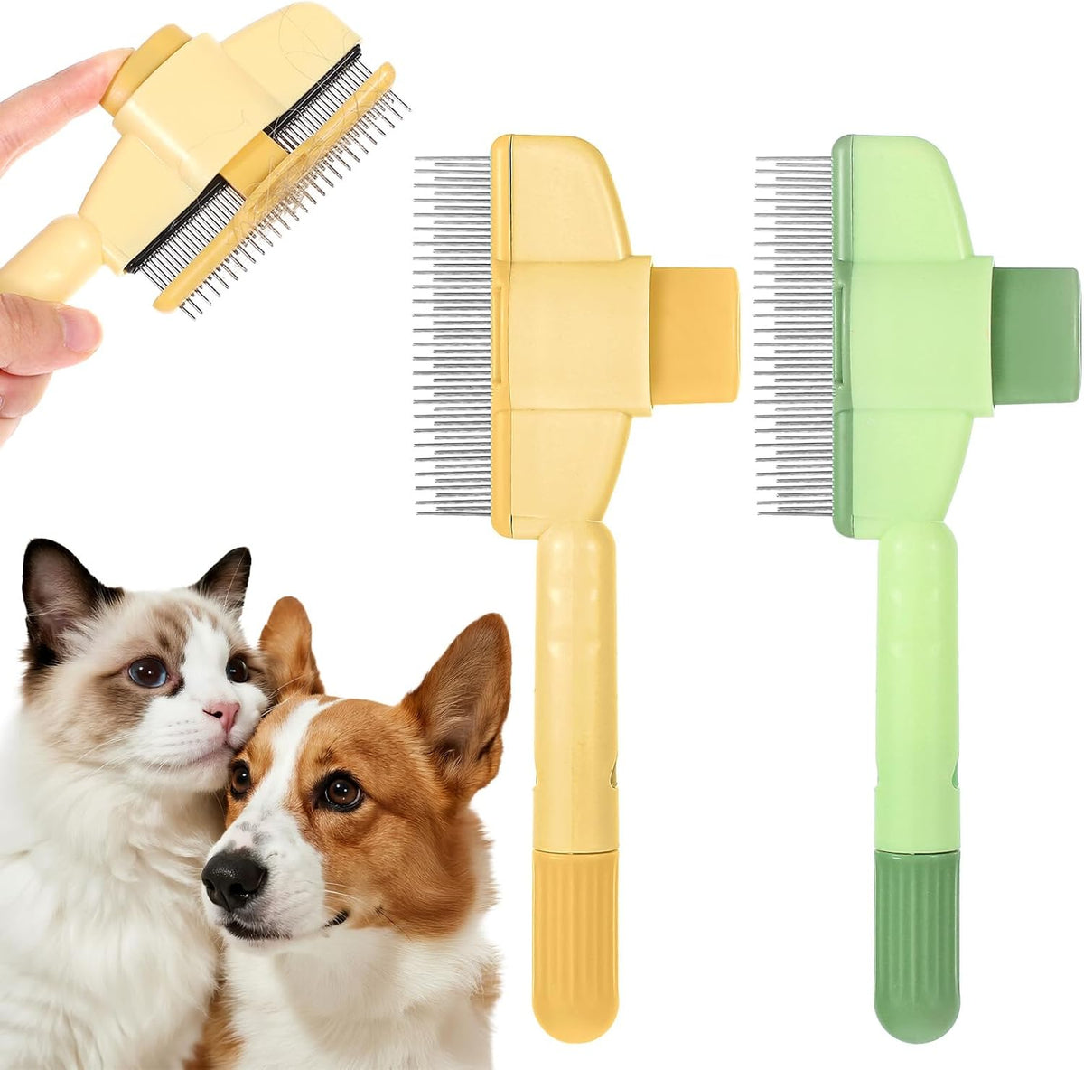 Generic Zen Brush for cats front view displaying yellow and green self-cleaning grooming tools.