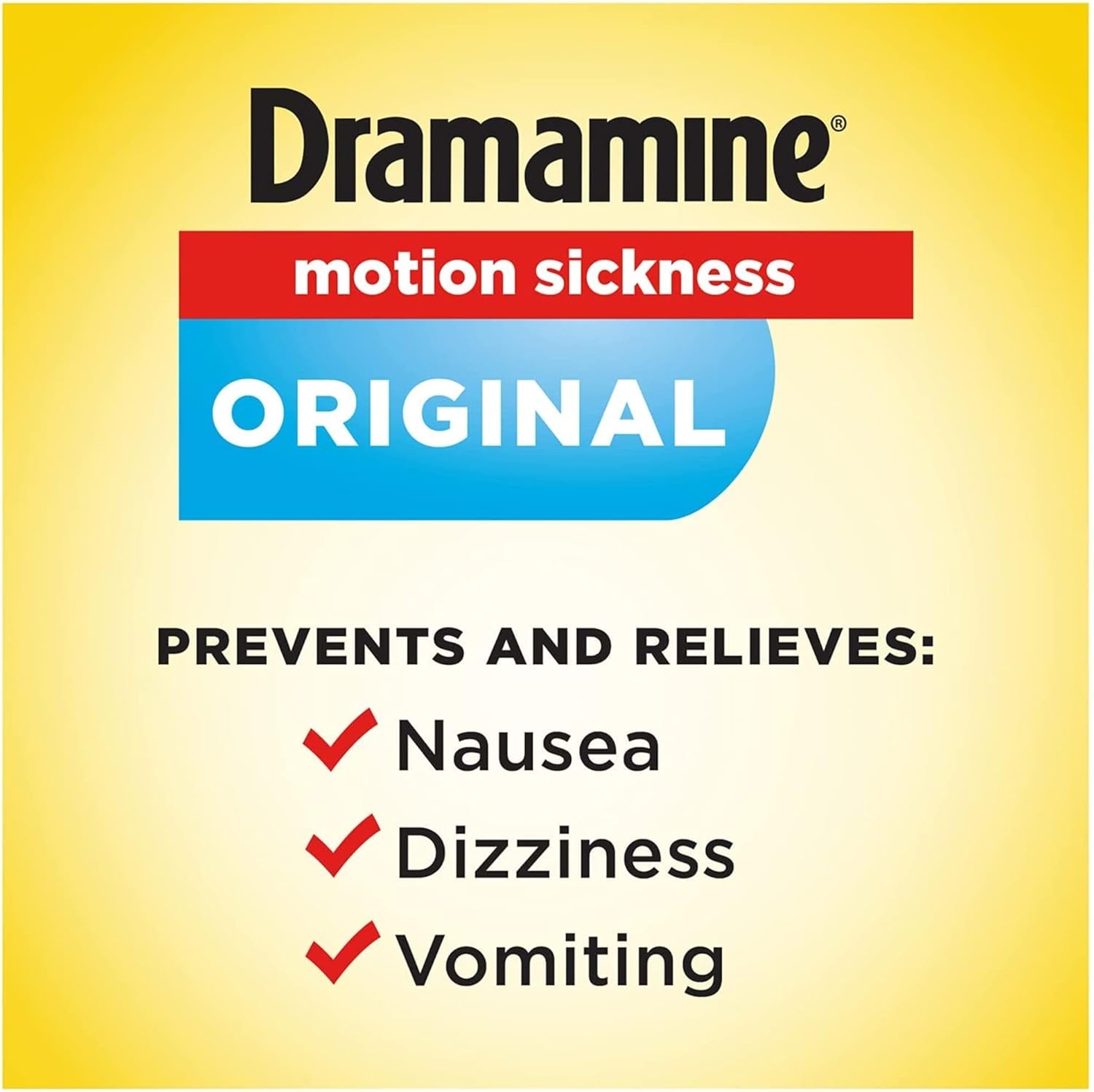 Dramamine original formula dual action tablets showing product information for vomiting prevention