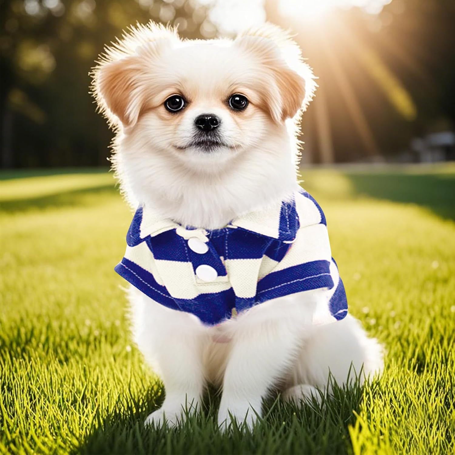 Small dog wearing royal blue Pistha polo shirt