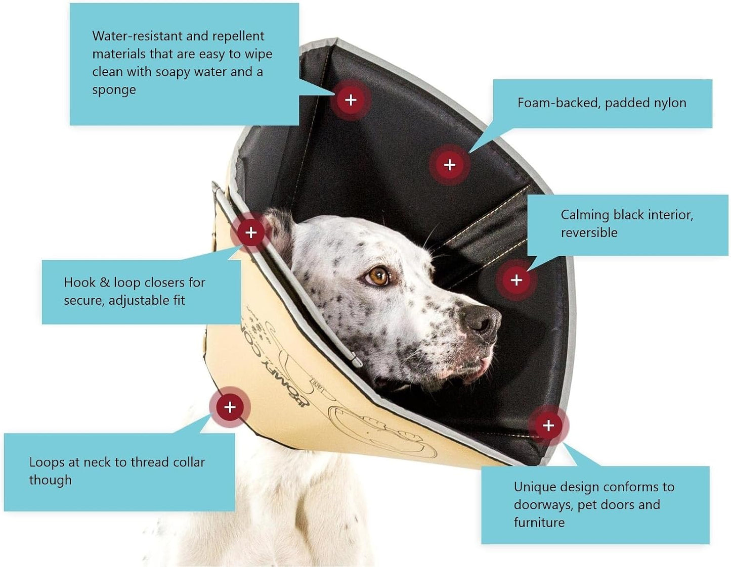 Adjustable large dog cone alternative showing removable plastic stays