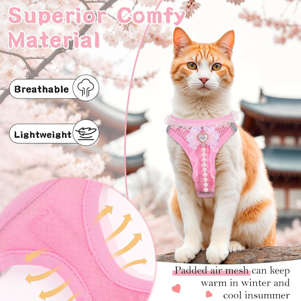 Breathable pink mesh cat walking vest with double D rings back view