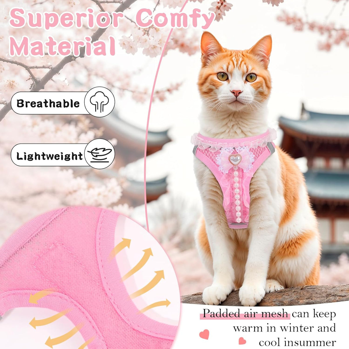 Breathable pink mesh cat walking vest with double D rings back view