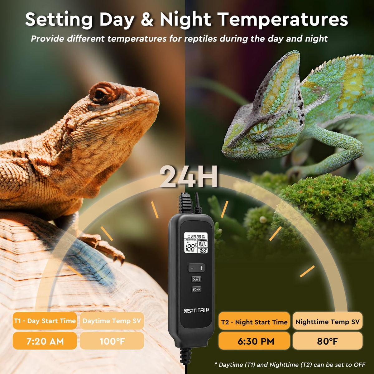 Reptitrip 8.5 inch terrarium heating lamp with digital dimming thermostat controller.