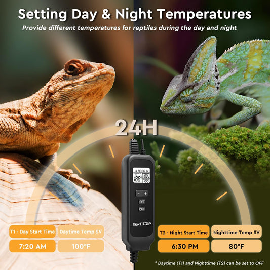 Reptitrip 8.5 inch terrarium heating lamp with digital dimming thermostat controller.