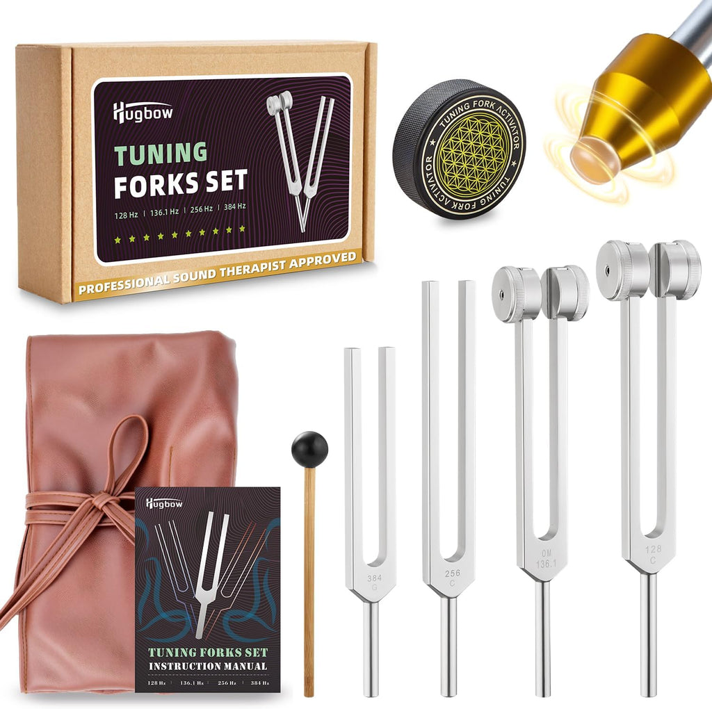 Hugbow Tuning Forks for Healing Set front view including four aluminum alloy forks and accessories
