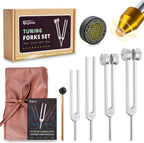 Hugbow Tuning Forks for Healing Set front view including four aluminum alloy forks and accessories