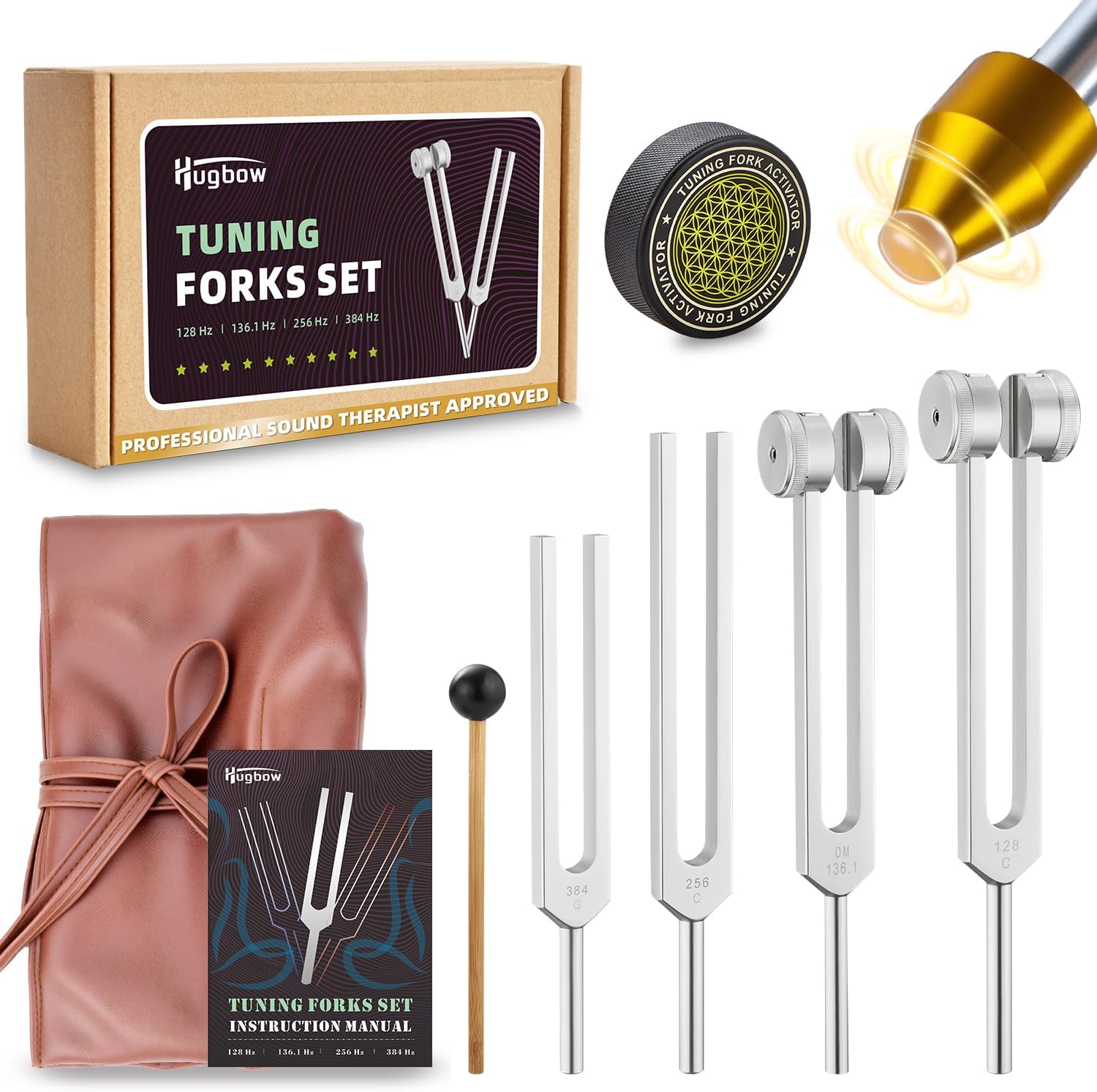 Hugbow Tuning Forks for Healing Set front view including four aluminum alloy forks and accessories