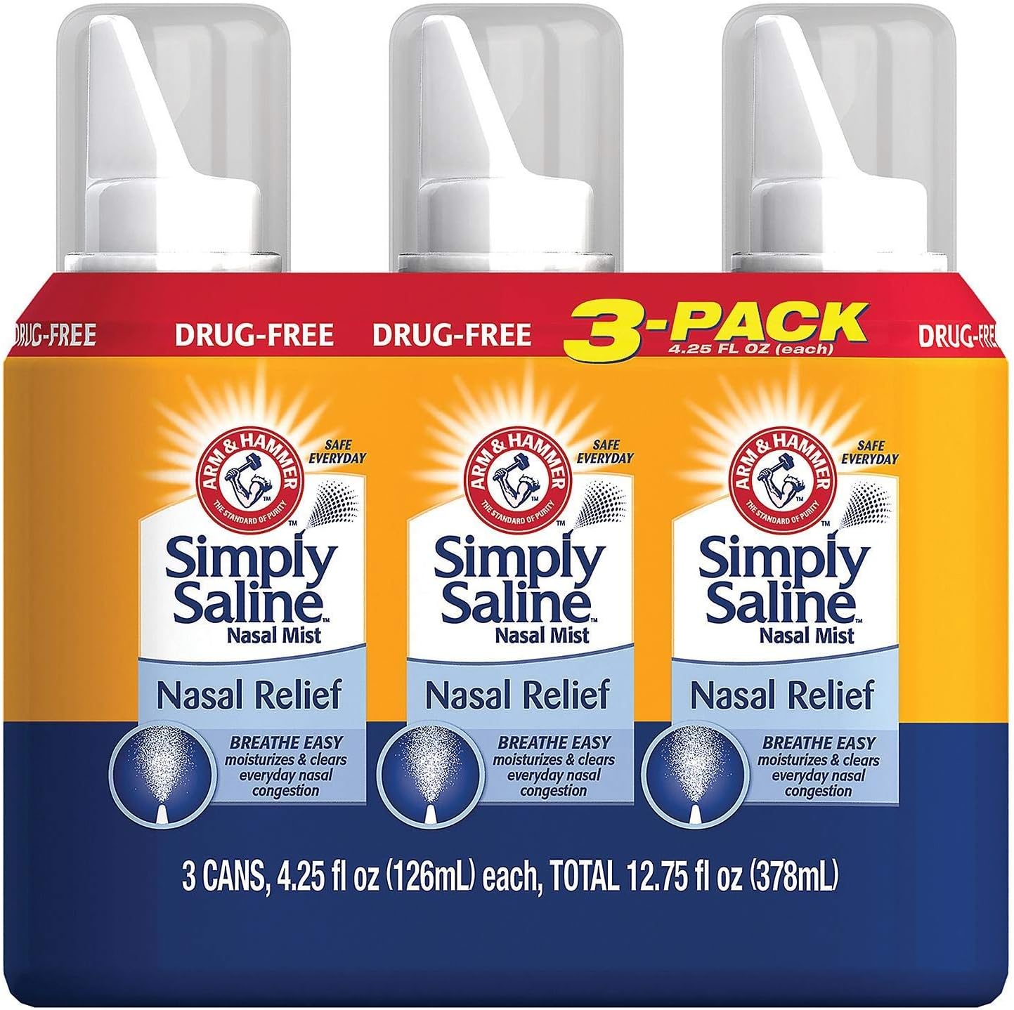 Arm and Hammer Simply Saline Adult Nasal Mist front view of three pack packaging for everyday allergy relief
