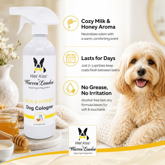 Warren London pet deodorizer milk and honey scent application on a dog coat