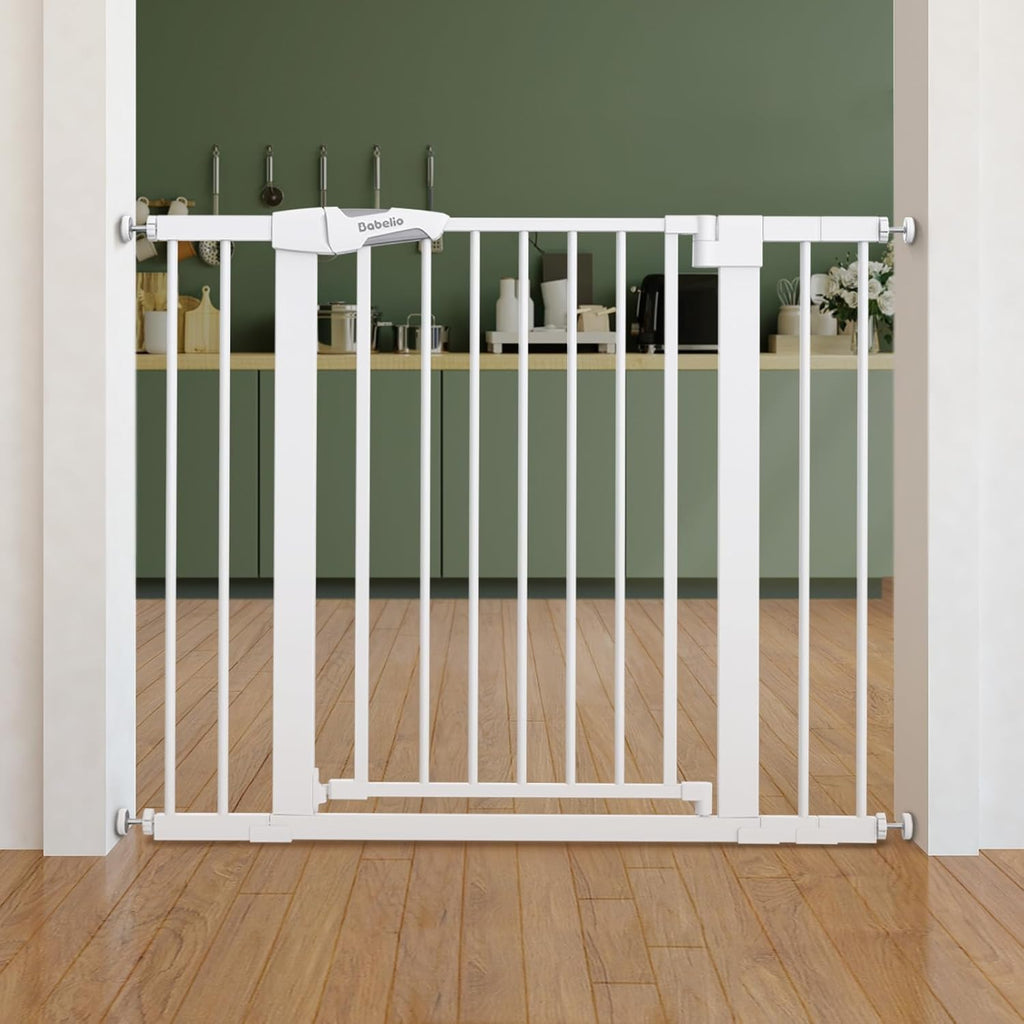 Babelio pressure mounted metal baby gate front view in white color for child safety.